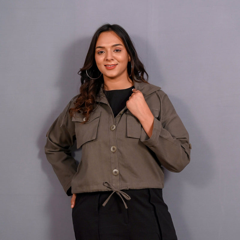 Front View of a Model wearing Ash Grey Warm Cotton Flannel Button-Down Shacket