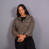 Front View of a Model wearing Ash Grey Warm Cotton Flannel Button-Down Shacket