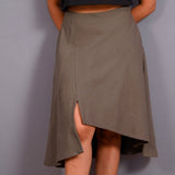 Front Detail of a Model wearing Ash Grey Warm Cotton Flannel Front Slit Asymmetric High-Low Skirt