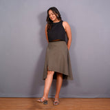 Front View of a Model wearing Ash Grey Warm Cotton Flannel Front Slit Asymmetric High-Low Skirt