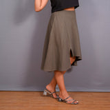 Right View of a Model wearing Ash Grey Warm Cotton Flannel Front Slit Asymmetric High-Low Skirt