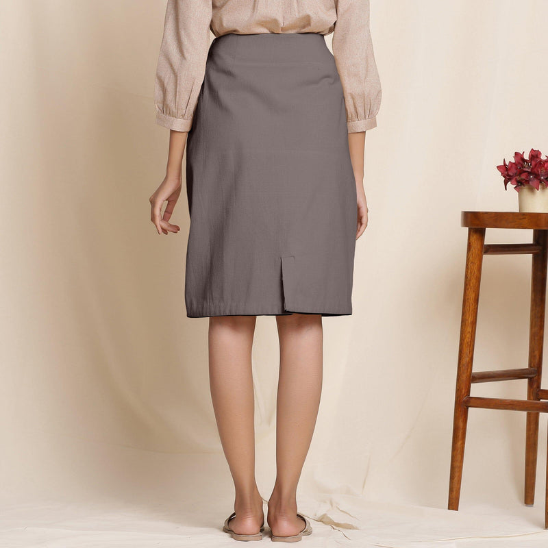 Back View of a Model wearing Ash Grey Warm Cotton Flannel Knee-Length Pencil Skirt
