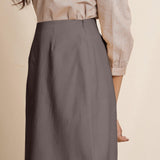 Left Detail of a Model wearing Ash Grey Warm Cotton Flannel Knee-Length Pencil Skirt