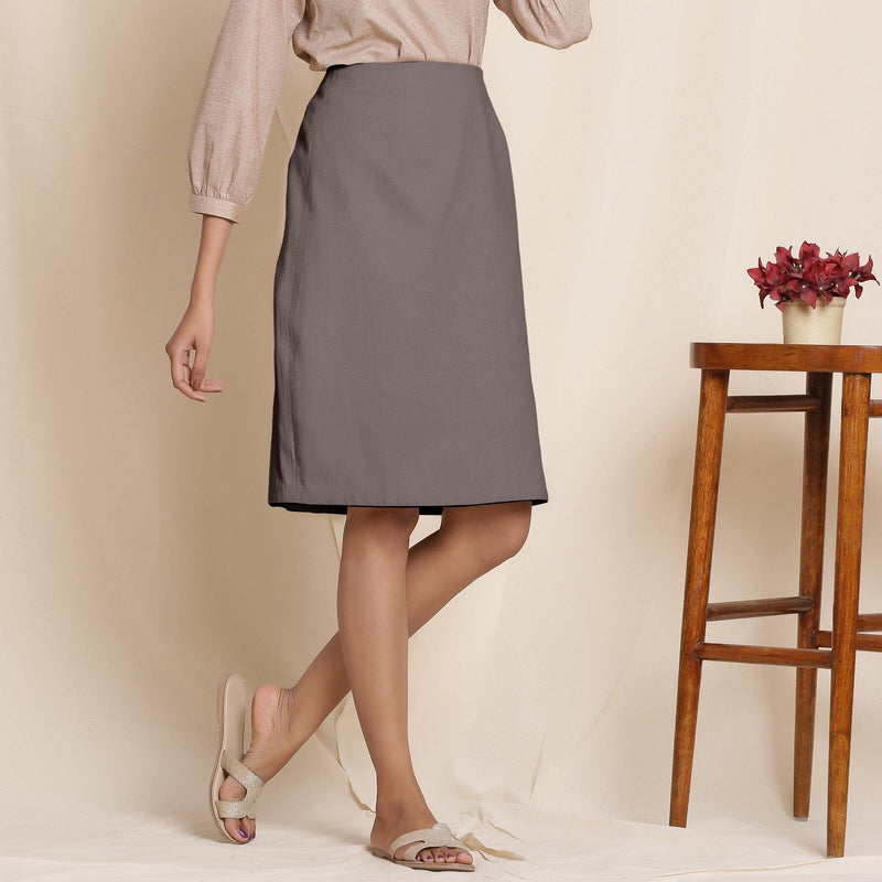 Right View of a Model wearing Ash Grey Warm Cotton Flannel Knee-Length Pencil Skirt