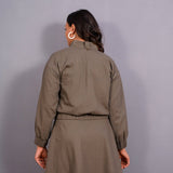 Back View of a Model wearing Ash Grey Warm Cotton Flannel V-Neck Bomber Jacket