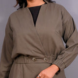 Front Detail of a Model wearing Ash Grey Warm Cotton Flannel V-Neck Bomber Jacket