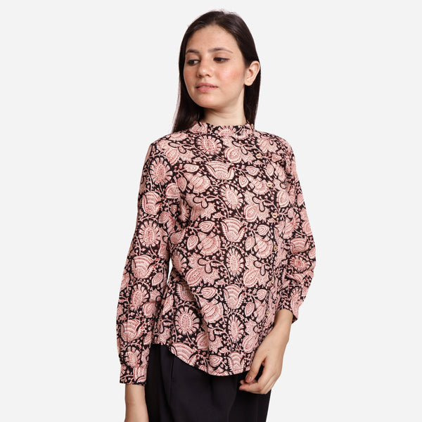 Right View of a Model wearing Black Floral Block Printed Asymmetric Cotton Shirt