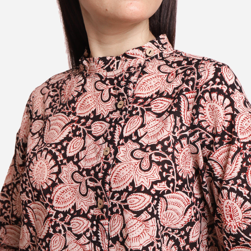 Front Detail of a Model wearing Asymmetric Block Printed Floral Shirt