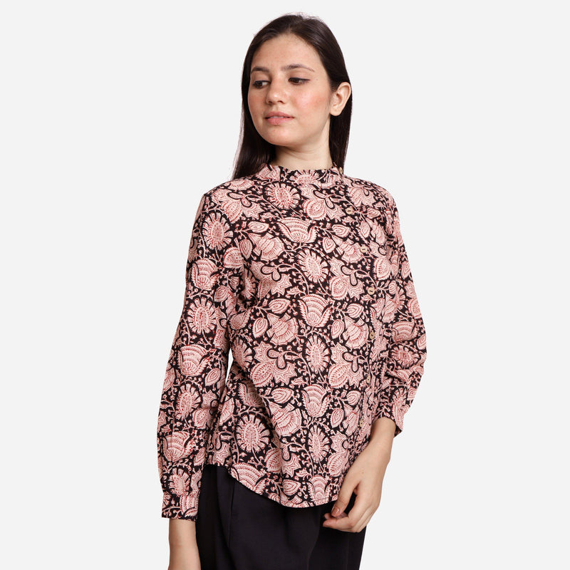 Front View of a Model wearing Asymmetric Block Printed Floral Shirt