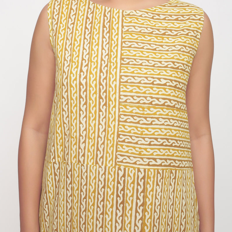 Front Detail of a Model wearing Mustard Block Print Cotton Shift Maxi Dress