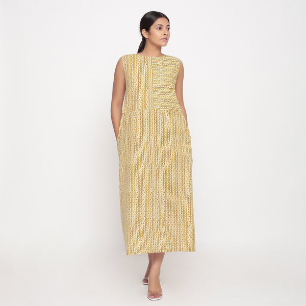 Front View of a Model wearing Mustard Block Print Cotton Shift Maxi Dress