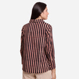 Back View of a Model wearing Black Striped Block Printed Straight Cotton Shirt