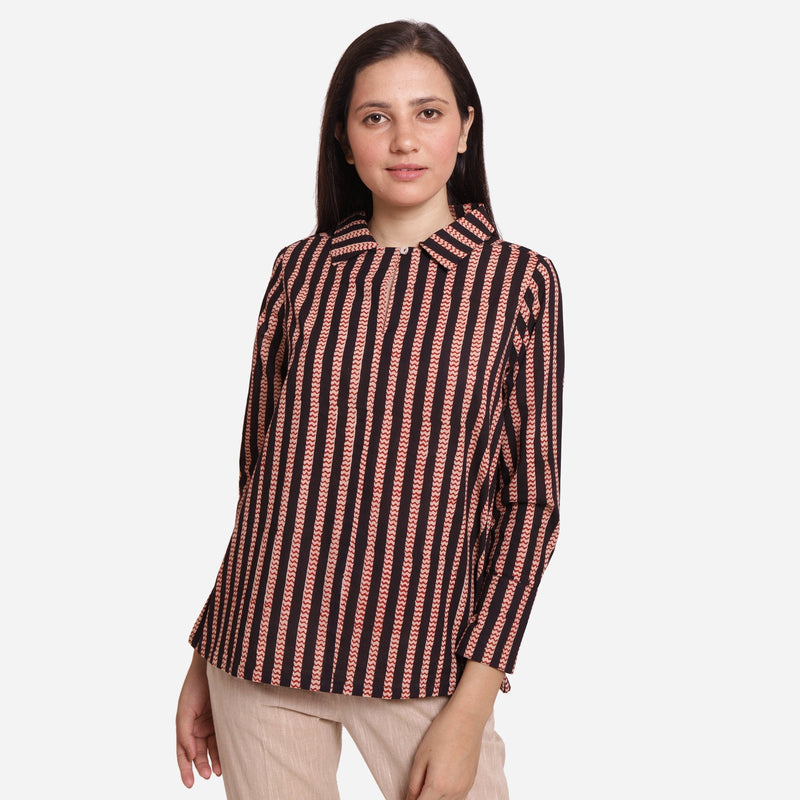 Front View of a Model wearing Black Striped Block Printed Straight Cotton Shirt