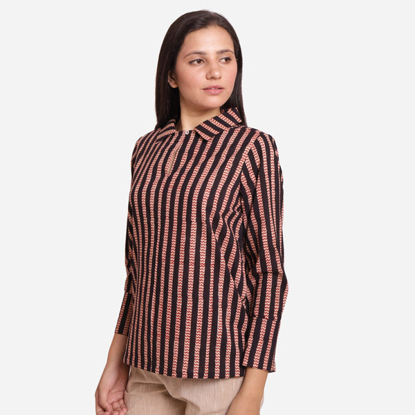 Left View of a Model wearing Black Striped Block Printed Straight Cotton Shirt