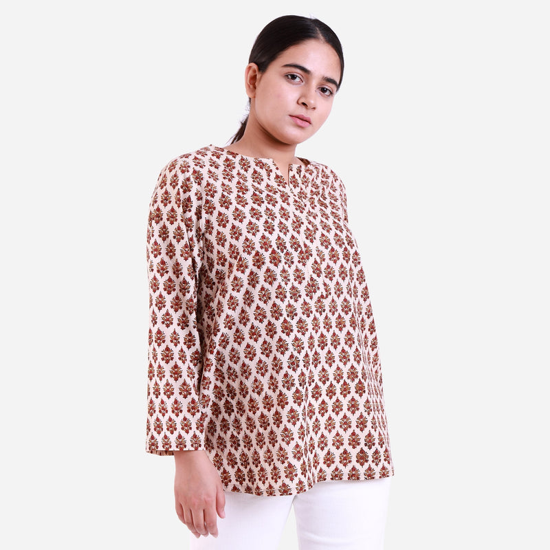 Right View of a Model wearing Bagru Floral Block Print Split Neck A-Line Cotton Tunic
