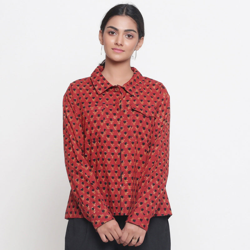 Front View of a Model wearing Bagru Brick Red Button-Down Cotton Shirt
