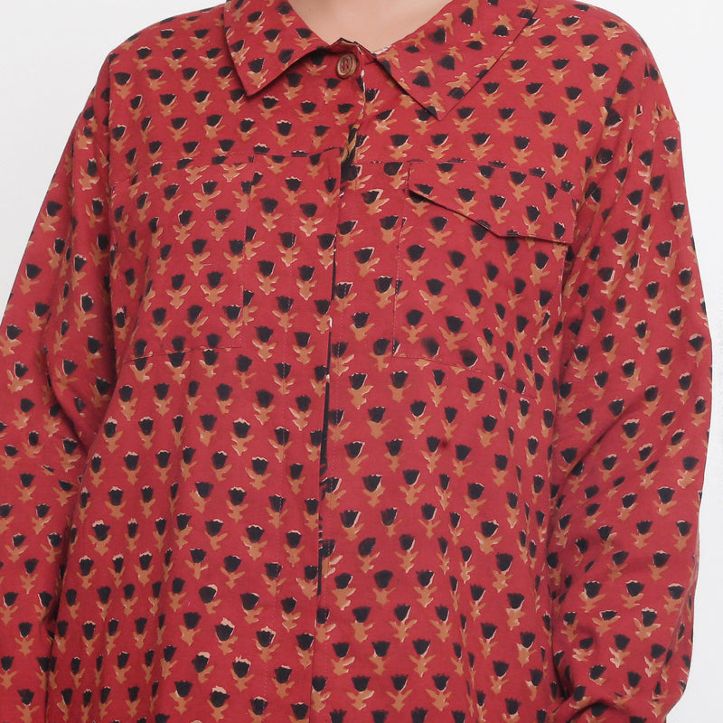 Front Detail of a Model wearing Bagru Brick Red Button-Down Cotton Shirt