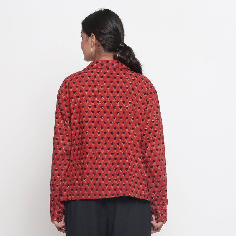 Back View of a Model wearing Bagru Brick Red Button-Down Cotton Shirt