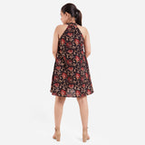 Back View of a Model wearing Bagru Print Halter Neck Flared Tunic