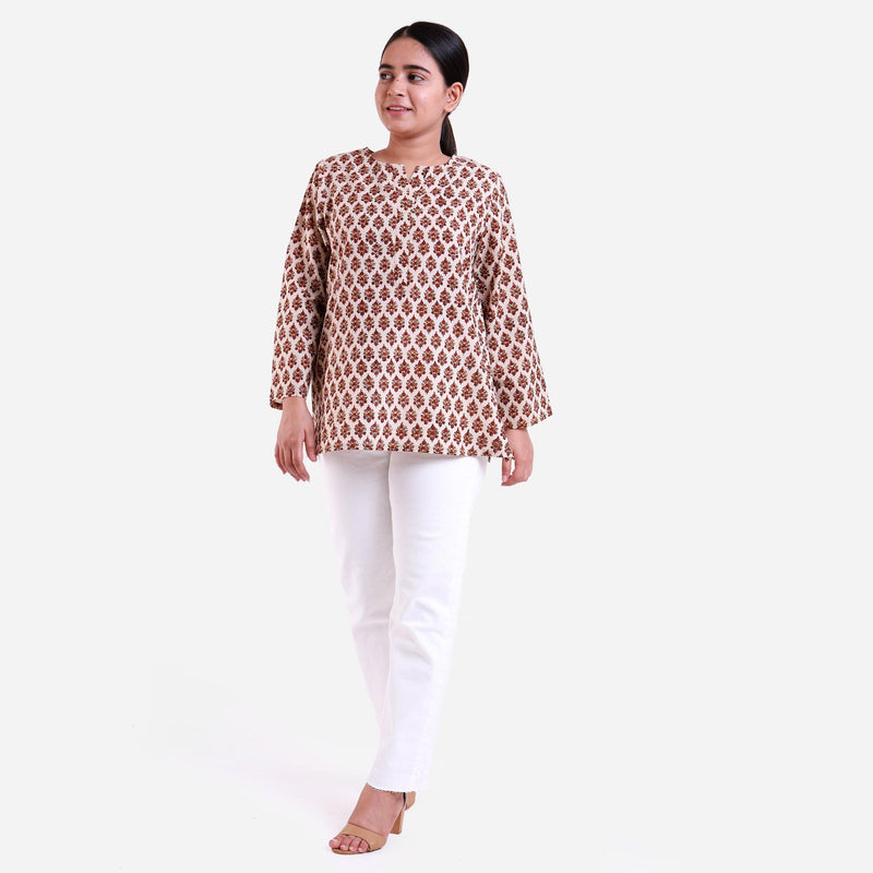 Front View of a Model wearing Bagru Floral Block Print Split Neck A-Line Cotton Tunic