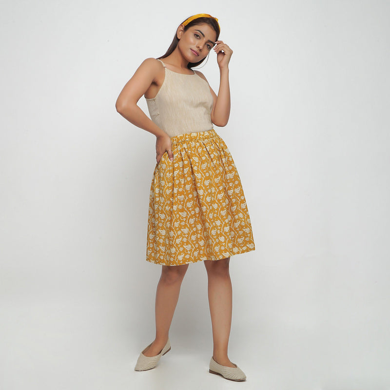 Front View of a Model wearing Bagru Print Mustard Mid Rise Skirt