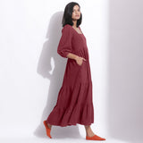 Right View of a Model wearing Barn Red Cotton Honeycomb Waffle Tier Dress
