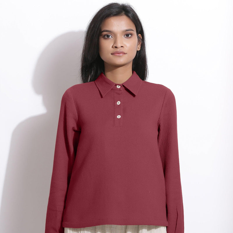 Front View of a Model wearing Barn Red Cotton Waffle Polo Shirt