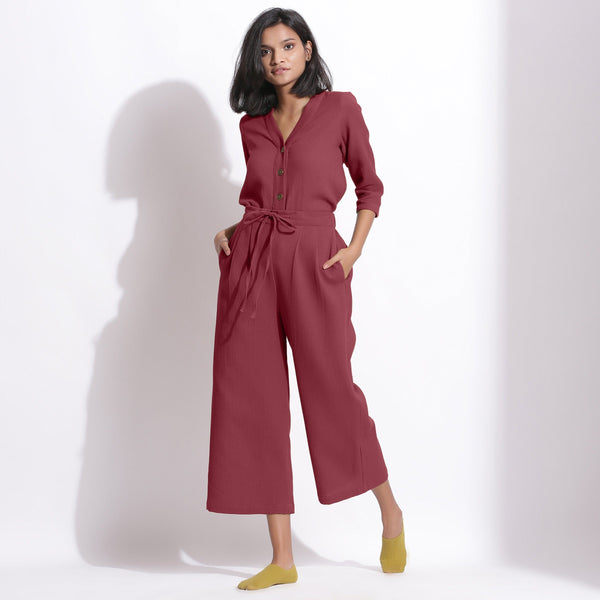 Front View of a Model wearing Barn Red Cotton Waffle Relaxed Culottes