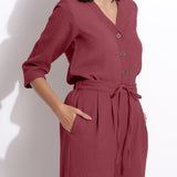 Front Detail of a Model wearing Barn Red Cotton Waffle Relaxed Culottes