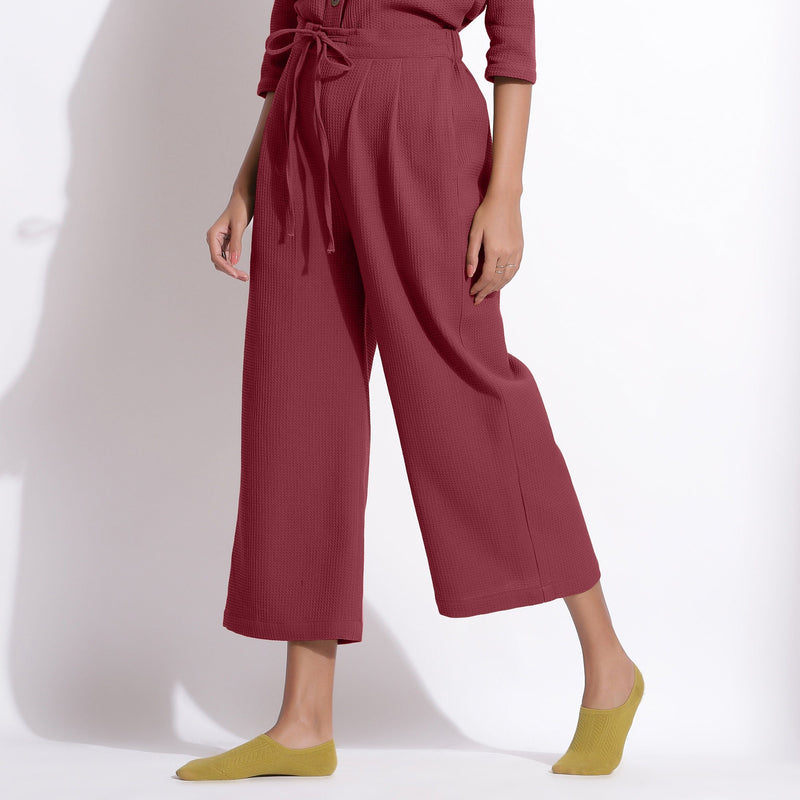 Left View of a Model wearing Barn Red Cotton Waffle Relaxed Culottes
