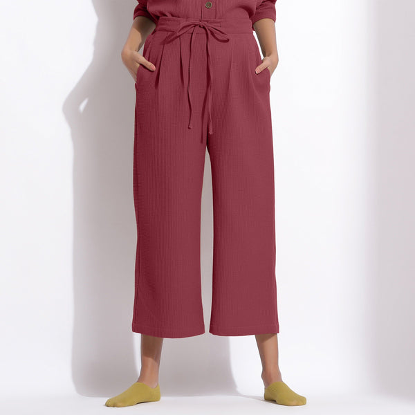 Front View of a Model wearing Barn Red Cotton Waffle Relaxed Culottes