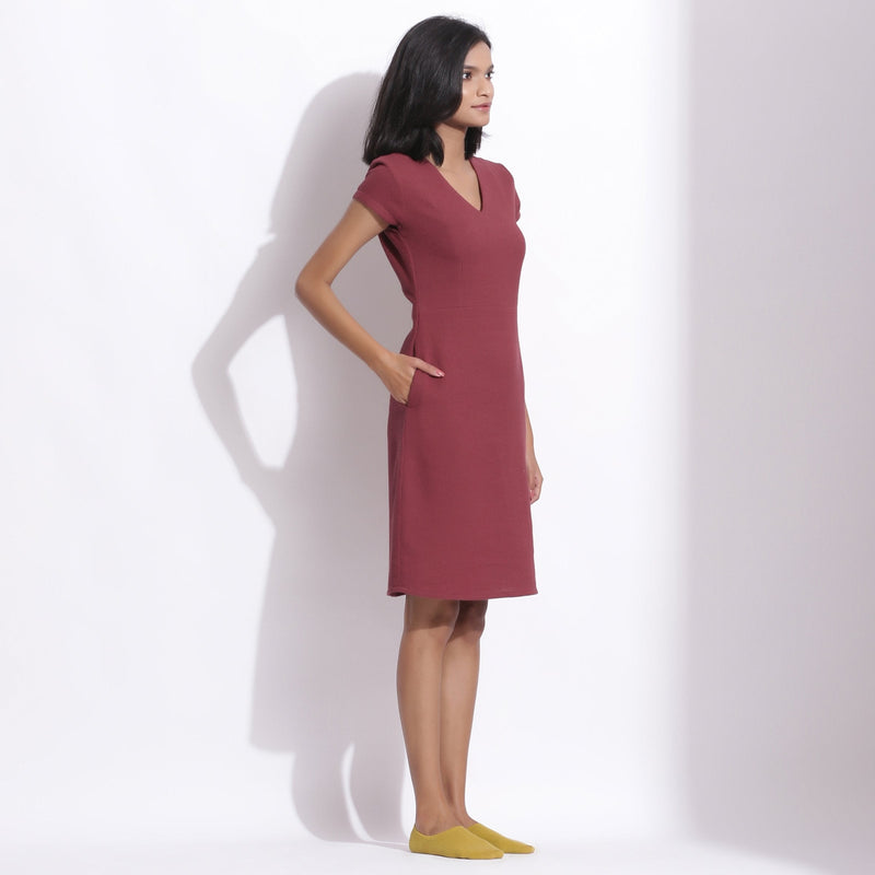 Right View of a Model wearing Barn Red Warm Cotton Waffle Knee Length Paneled Dress