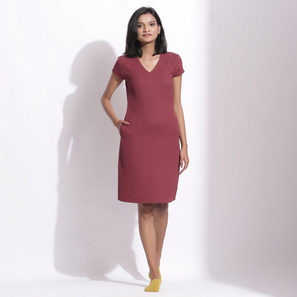 Front View of a Model wearing Barn Red Warm Cotton Waffle Knee Length Paneled Dress