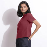 Left View of a Model wearing Barn Red Cotton Waffle Woven T-Shirt