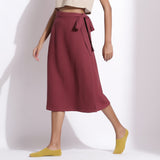 Front View of a Model wearing Barn Red Cotton Waffle Wrap Skirt