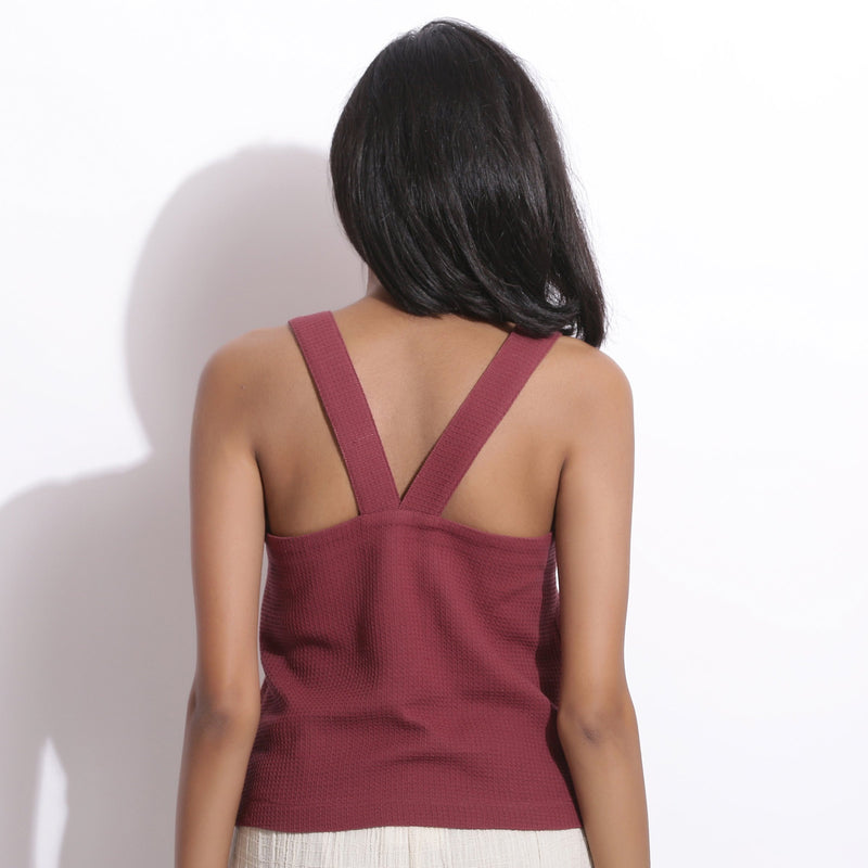 Back View of a Model wearing Barn Red Honeycomb Waffle Strap Top