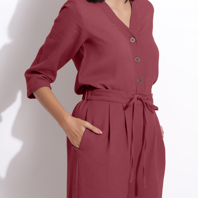 Front Detail of a Model wearing Barn Red Top and Relaxed Culottes Set
