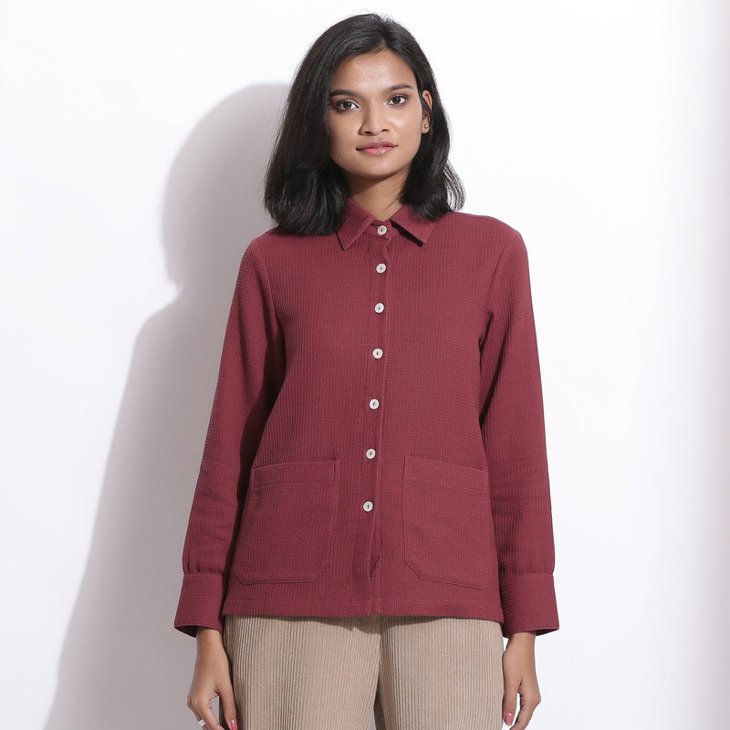 Front View of a Model wearing Barn Red Warm Cotton Waffle Button-Down Pocket Shirt