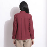 Back View of a Model wearing Barn Red Warm Cotton Waffle Button-Down Pocket Shirt