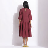 Back View of a Model wearing Barn Red Warm Cotton Waffle High Neck Midi Dress