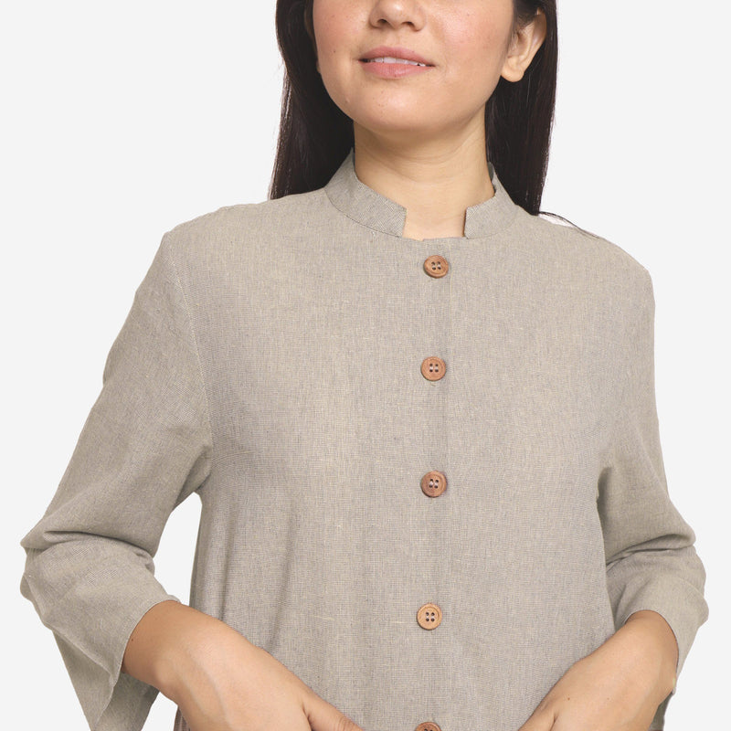 Front Detail of a Model wearing Basic Beige Cotton Button-Down Jacket
