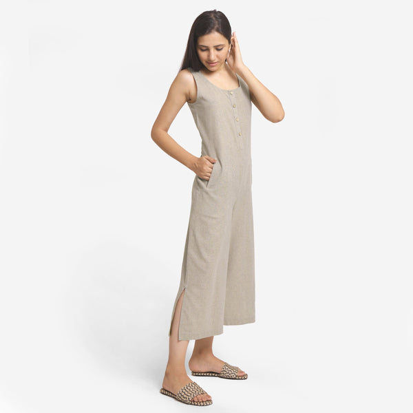 Right View of a Model wearing Basic Beige Wide-Legged Jumpsuit
