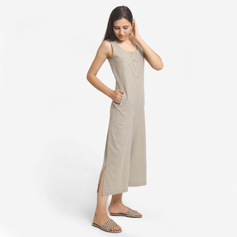 Right View of a Model wearing Basic Beige Wide-Legged Jumpsuit