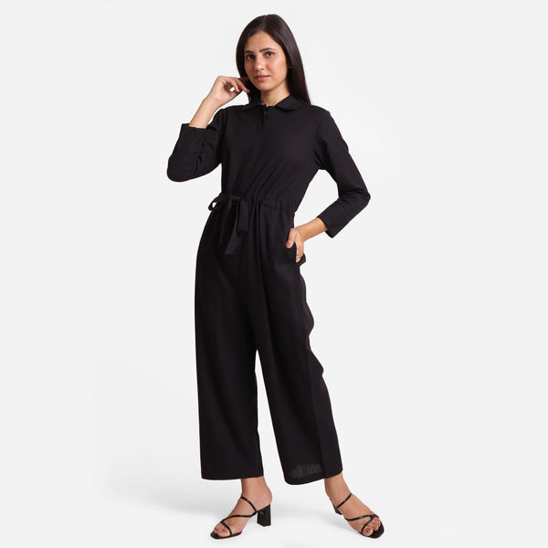 Front View of a Model wearing Black Wide Legged Cotton Overall