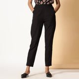 Front View of a Model wearing Basic Black Comfy Cotton Flax Tapered Pant