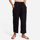 Front View of a Model wearing Black Cotton Flax Wide Legged Pant
