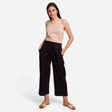Front View of a Model wearing Black Cotton Flax Wide Legged Pant