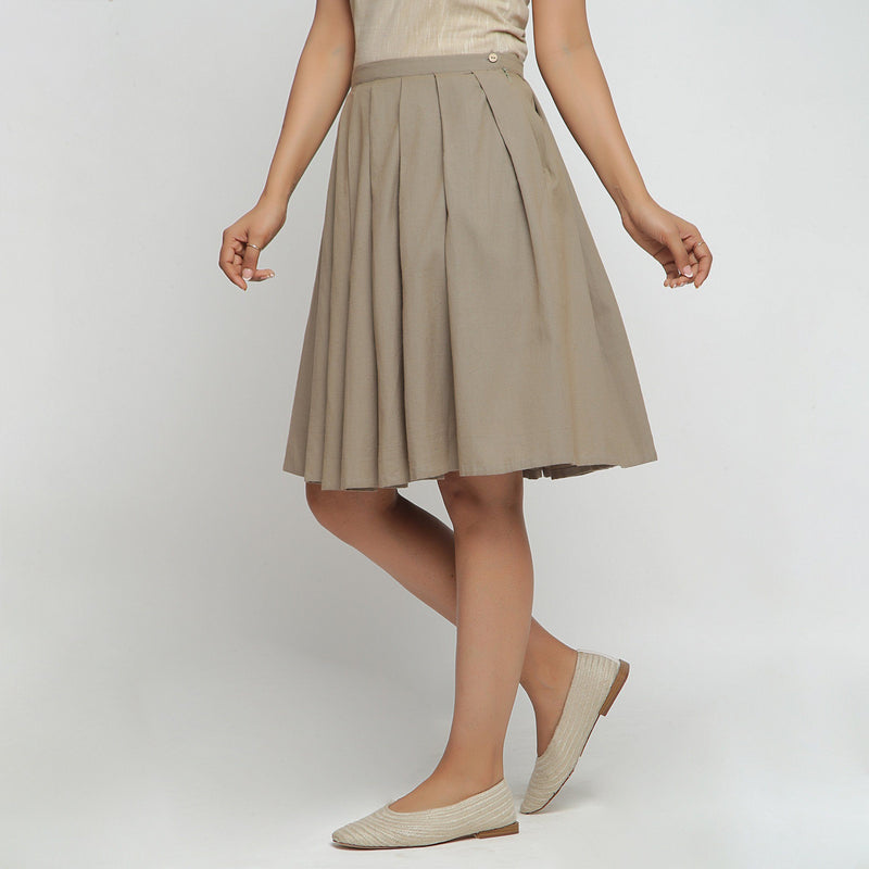 Left View of a Model wearing Basic Brown Cotton Flax Pleated Skirt