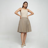 Front View of a Model wearing Basic Brown Cotton Flax Pleated Skirt