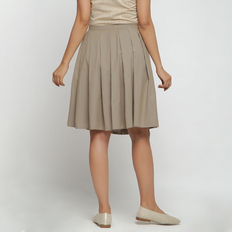 Back View of a Model wearing Basic Brown Cotton Flax Pleated Skirt